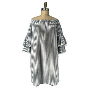 Neiman Marcus Off-Shoulder Striped Tiered Pom-Pom Sleeve Shift Dress Large
